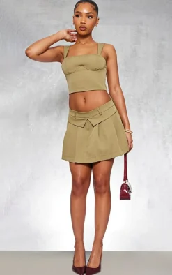 Sale PrettyLittleThing Woven Underbust Seam Top Olive