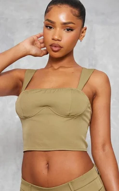 Sale PrettyLittleThing Woven Underbust Seam Top Olive