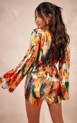 Abstract Plunge Pleated Romper-PrettyLittleThing Online