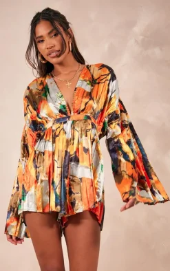 Abstract Plunge Pleated Romper-PrettyLittleThing Online