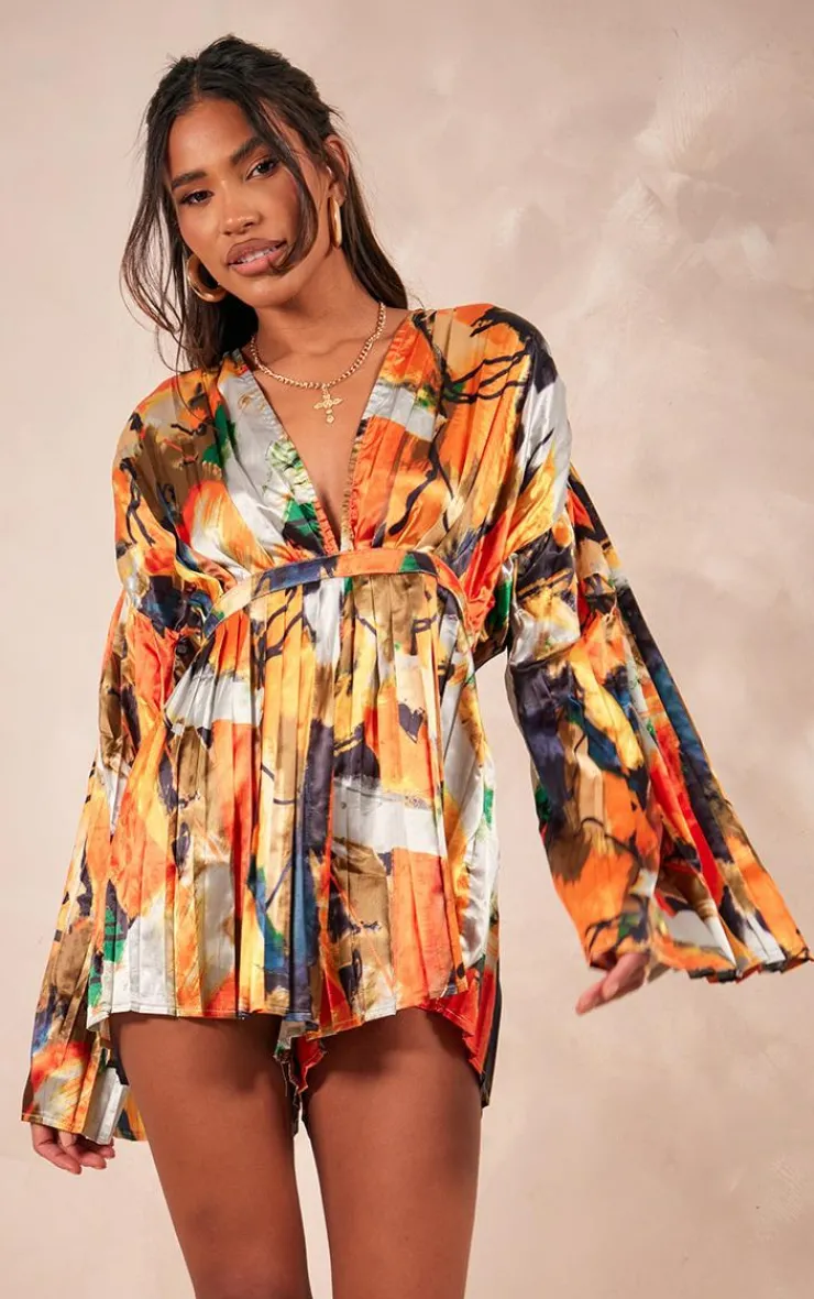 Abstract Plunge Pleated Romper-PrettyLittleThing Online