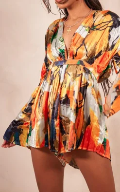 Abstract Plunge Pleated Romper-PrettyLittleThing Online