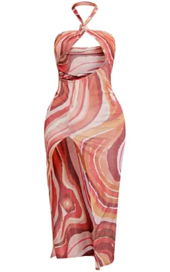 Abstract Print Acetate Slinky Cut Out Halter Midaxi Dress-PrettyLittleThing New
