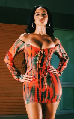 Outlet PrettyLittleThing Abstract Print Bardot Corset Orange