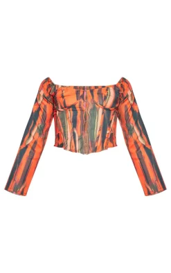 Outlet PrettyLittleThing Abstract Print Bardot Corset Orange