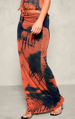 Hot PrettyLittleThing Abstract Print Mesh Low Rise Maxi Skirt Orange