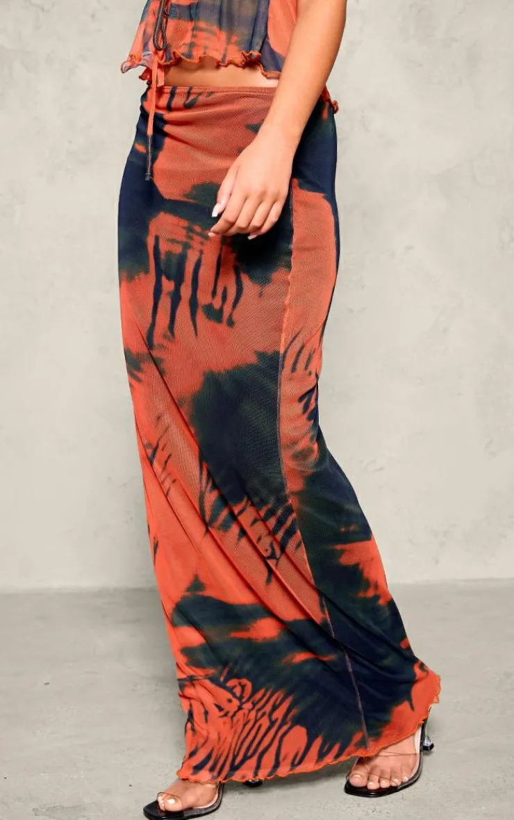 Hot PrettyLittleThing Abstract Print Mesh Low Rise Maxi Skirt Orange