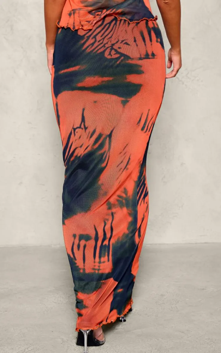 Hot PrettyLittleThing Abstract Print Mesh Low Rise Maxi Skirt Orange