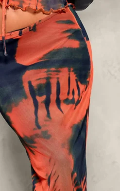 Hot PrettyLittleThing Abstract Print Mesh Low Rise Maxi Skirt Orange