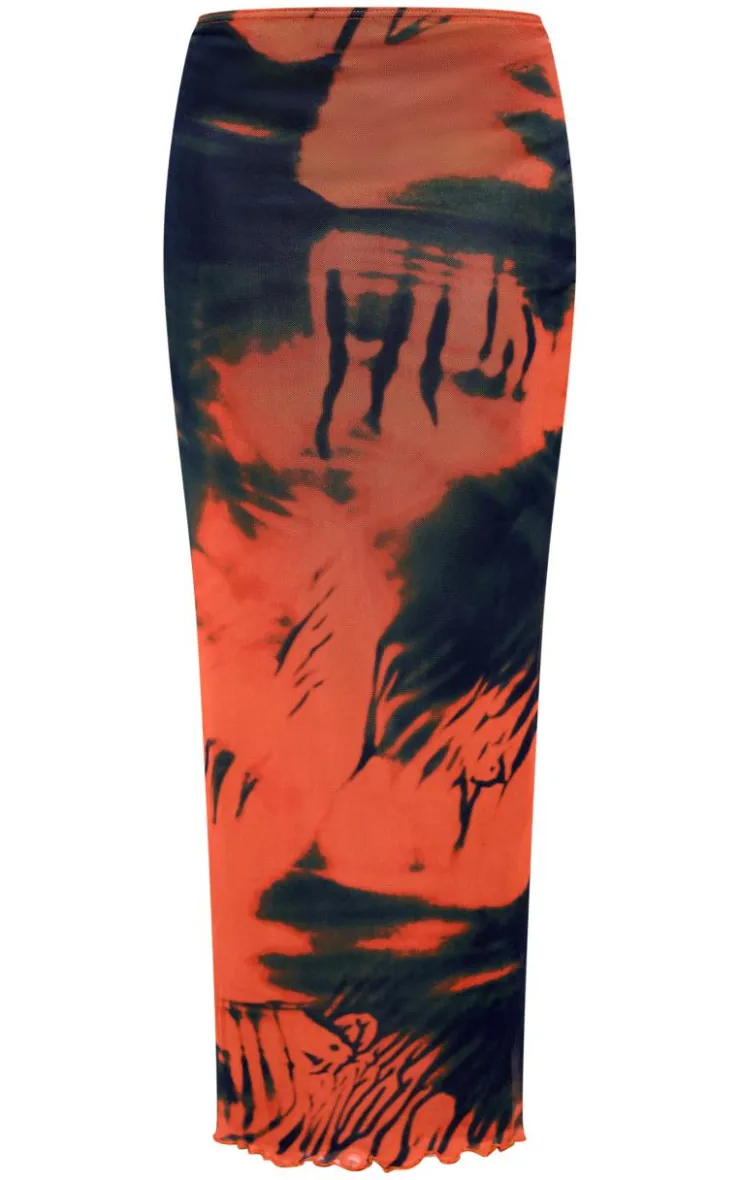 Hot PrettyLittleThing Abstract Print Mesh Low Rise Maxi Skirt Orange