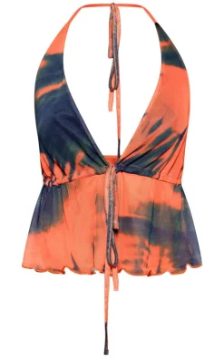 PrettyLittleThing Abstract Print Mesh Halterneck Top Orange