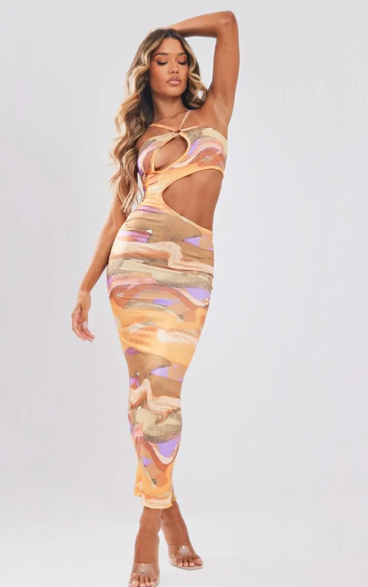 Abstract Print Slinky Ring Detail Cut Out Maxi Dress-PrettyLittleThing