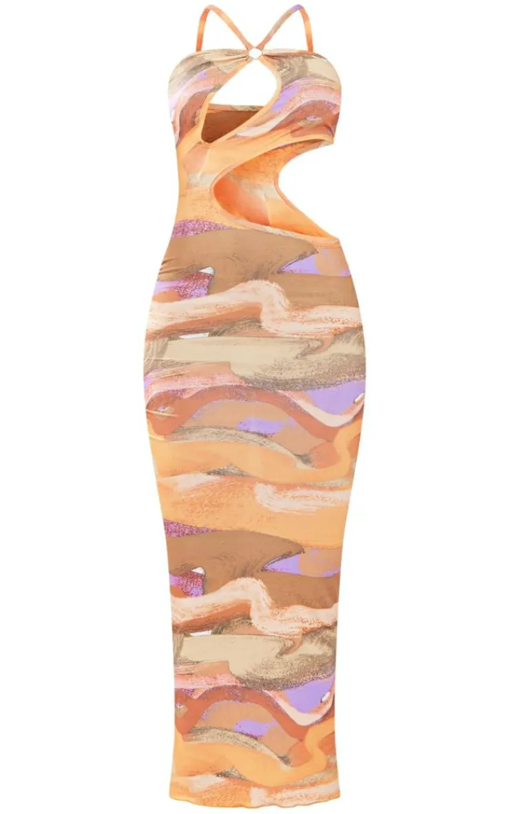 Abstract Print Slinky Ring Detail Cut Out Maxi Dress-PrettyLittleThing
