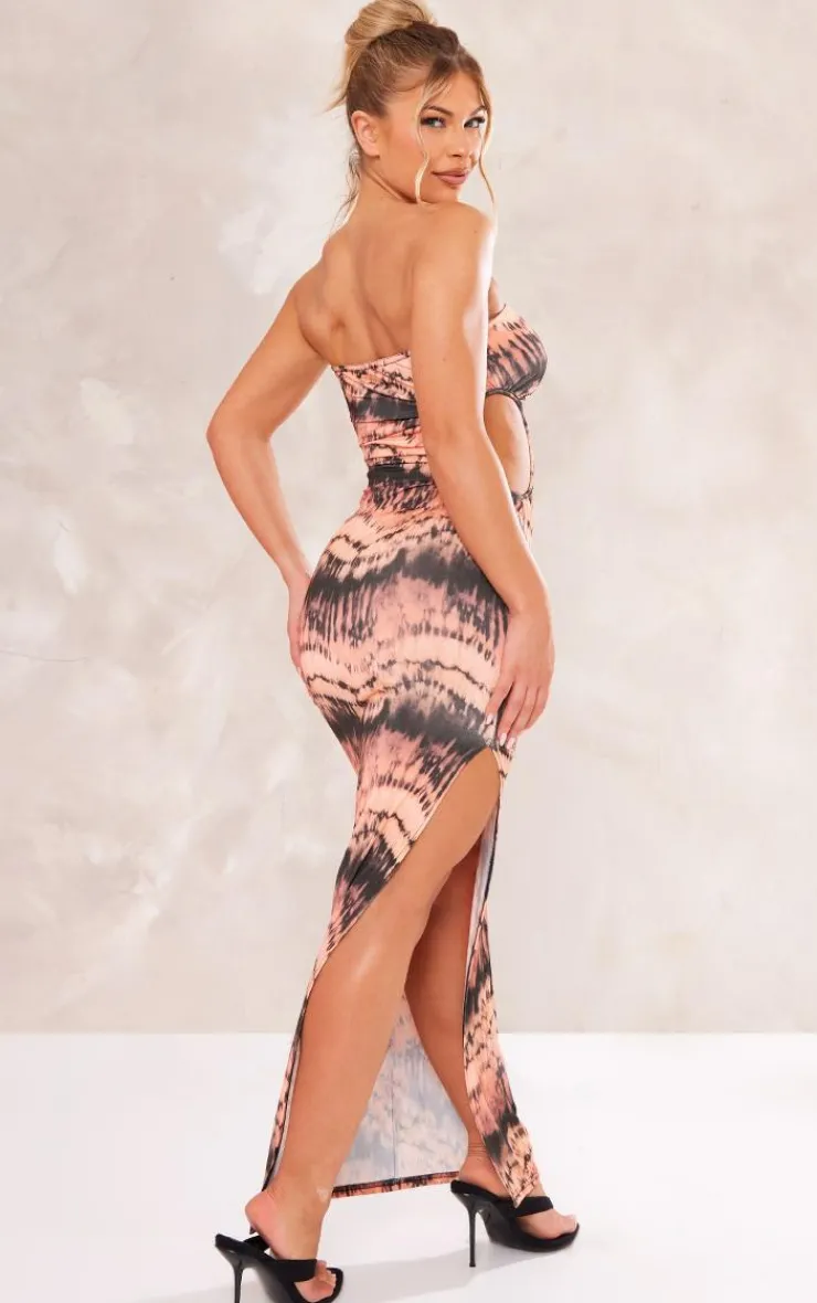 Abstract Printed Cut Out Slit Bandeau Maxi Dress-PrettyLittleThing New