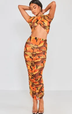 Clearance PrettyLittleThing Abstract Printed Mesh Ruched Midaxi Skirt Orange