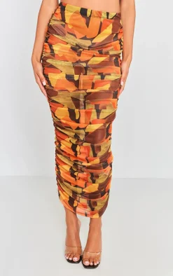 Clearance PrettyLittleThing Abstract Printed Mesh Ruched Midaxi Skirt Orange