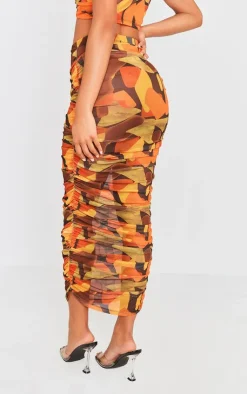 Clearance PrettyLittleThing Abstract Printed Mesh Ruched Midaxi Skirt Orange
