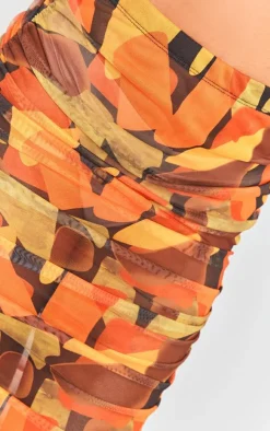 Clearance PrettyLittleThing Abstract Printed Mesh Ruched Midaxi Skirt Orange