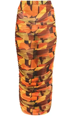 Clearance PrettyLittleThing Abstract Printed Mesh Ruched Midaxi Skirt Orange