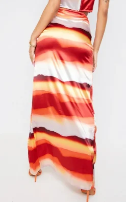 Discount PrettyLittleThing Abstract Printed Satin Ruched Side Split Leg Midaxi Skirt Orange