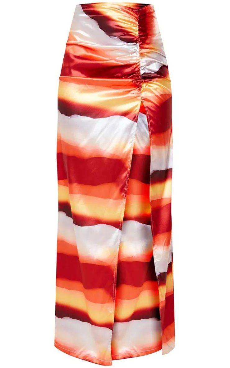 Discount PrettyLittleThing Abstract Printed Satin Ruched Side Split Leg Midaxi Skirt Orange
