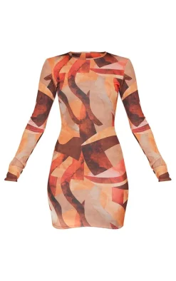 Abstract Ribbed Long Sleeve Bodycon Dress-PrettyLittleThing Sale