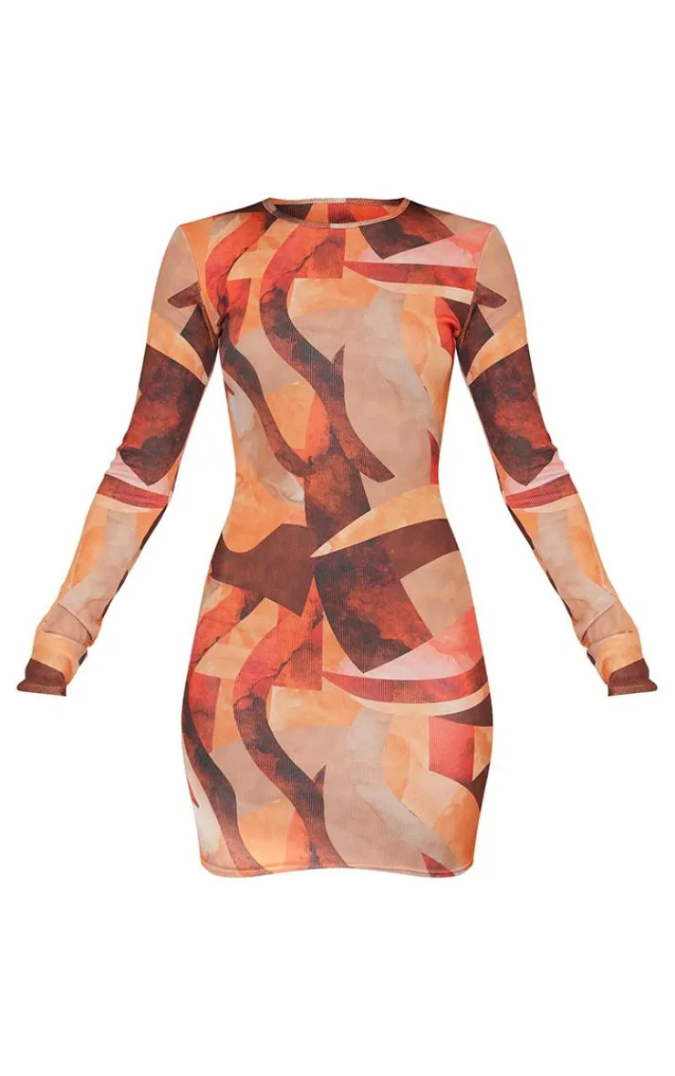 Abstract Ribbed Long Sleeve Bodycon Dress-PrettyLittleThing Sale