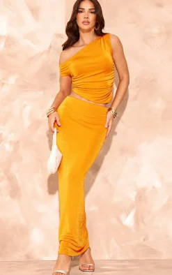 Hot PrettyLittleThing Acetate Slinky Maxi Low Rise Skirt Orange