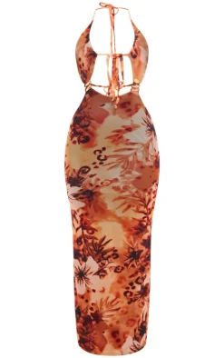 Animal Print Mesh Trim Detail Cut Out Maxi Dress-PrettyLittleThing Online