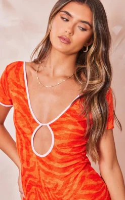 Orange Animal Print Toweling Contrast Seam Romper