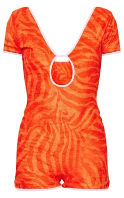 Orange Animal Print Toweling Contrast Seam Romper