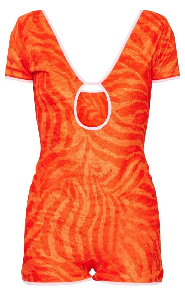 Orange Animal Print Toweling Contrast Seam Romper