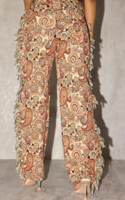 Orange Aztec Printed Jacquard Twill Tassel Side Pants
