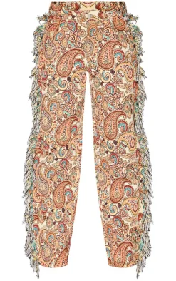 Orange Aztec Printed Jacquard Twill Tassel Side Pants