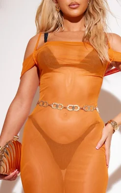 Orange Bardot Cowl Neck Mesh Maxi Beach Dress