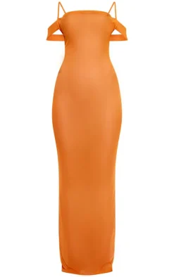Orange Bardot Cowl Neck Mesh Maxi Beach Dress