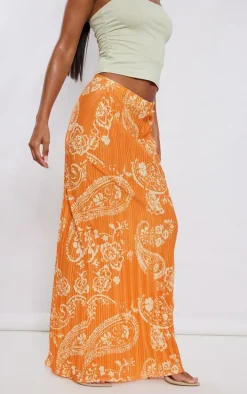 Orange Blurred Floral Printed Plisse Maxi Skirt