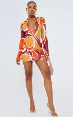Blurred Print Plisse Plunge Drape Shirt Dress-PrettyLittleThing Sale
