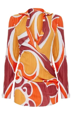 Blurred Print Plisse Plunge Drape Shirt Dress-PrettyLittleThing Sale