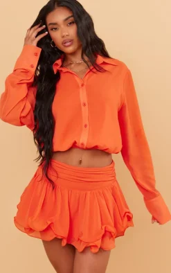 Sale PrettyLittleThing Chiffon Elastic Waist Long Sleeve Shirt Orange