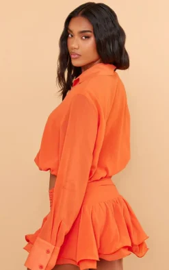 Sale PrettyLittleThing Chiffon Elastic Waist Long Sleeve Shirt Orange