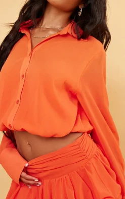 Sale PrettyLittleThing Chiffon Elastic Waist Long Sleeve Shirt Orange