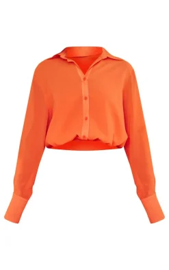 Sale PrettyLittleThing Chiffon Elastic Waist Long Sleeve Shirt Orange