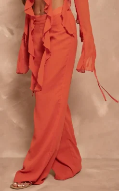 Sale PrettyLittleThing Chiffon Mid Rise Wide Leg Pants Orange