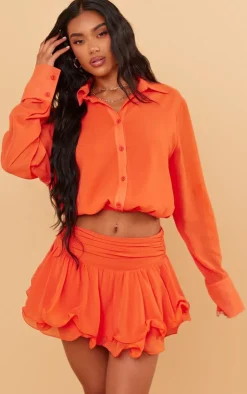 PrettyLittleThing Chiffon Ruffle Low Waist Micro Mini Skirt Orange
