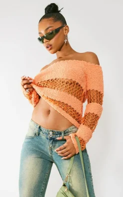 PrettyLittleThing Knitted Tops*Contrast Mixed Open & Fluffy Knit Top