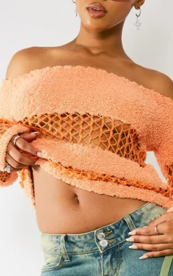 PrettyLittleThing Knitted Tops*Contrast Mixed Open & Fluffy Knit Top