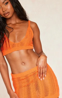 Sale PrettyLittleThing Crochet Plunge Neck Bralet Orange