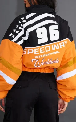 PrettyLittleThing Bomber Jackets*Cropped Oversized Graphic Zipped Racer Bomber Jacket