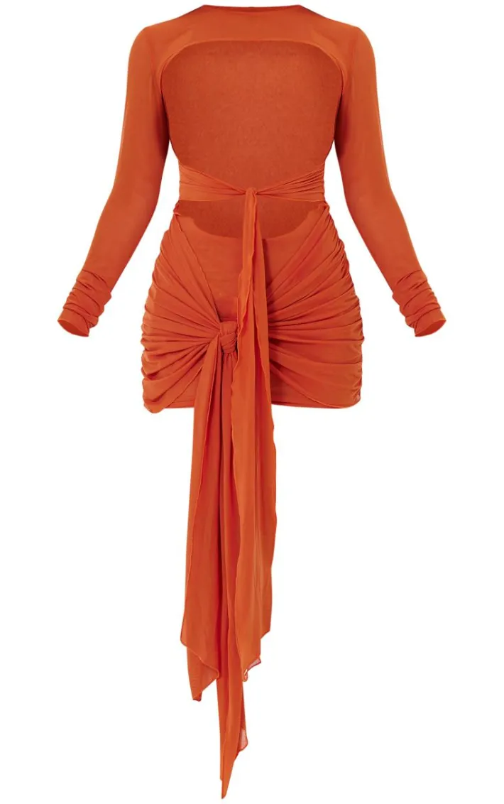 Orange Cut Out Knot Detail Mesh Beach Dress